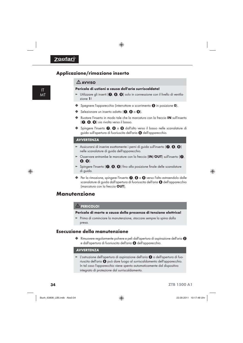 Manutenzione, Applicazione/rimozione inserto, Esecuzione della manutenzione | It mt | Zoofari Electric Pet Hairdryer ZTB 1500 A1 User Manual | Page 36 / 82