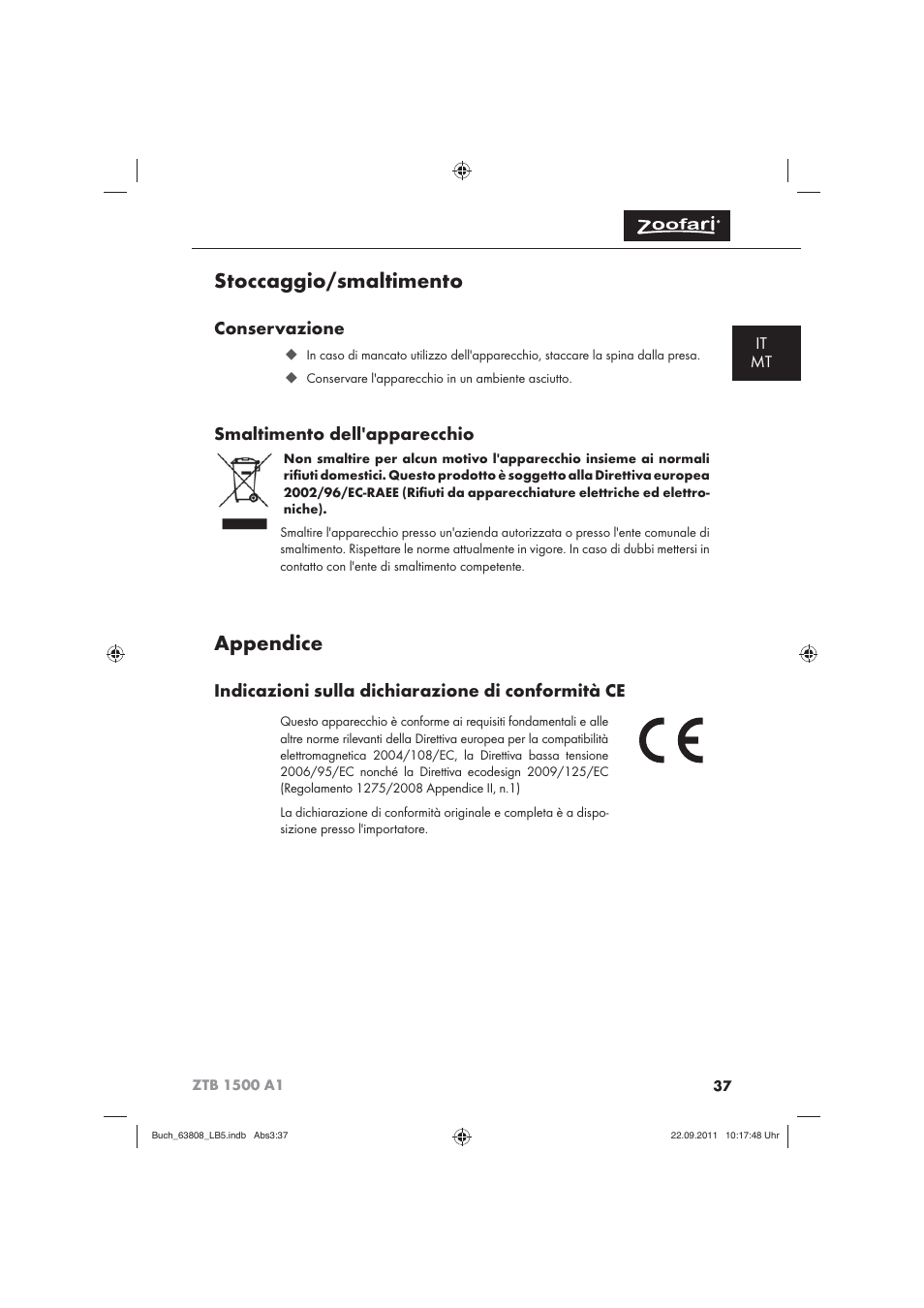 Stoccaggio/smaltimento, Appendice, Conservazione | Smaltimento dell'apparecchio, Indicazioni sulla dichiarazione di conformità ce, It mt | Zoofari Electric Pet Hairdryer ZTB 1500 A1 User Manual | Page 39 / 82