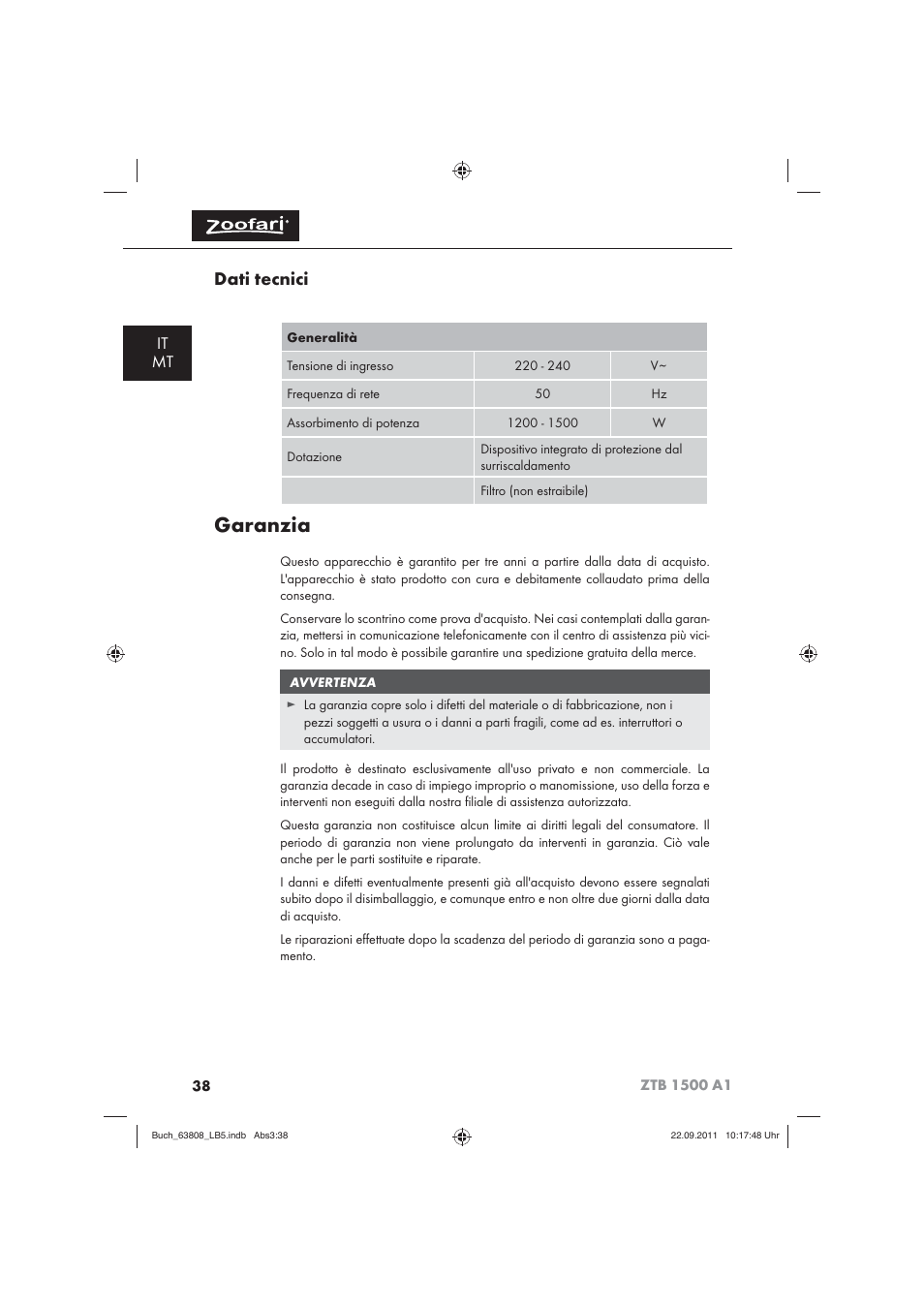 Garanzia, Dati tecnici, It mt | Zoofari Electric Pet Hairdryer ZTB 1500 A1 User Manual | Page 40 / 82