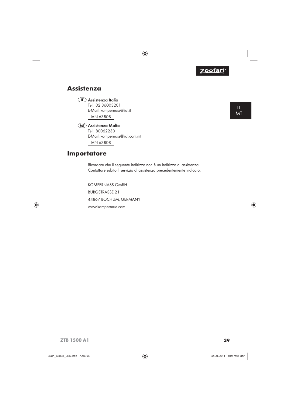 Assistenza, Importatore, It mt | Zoofari Electric Pet Hairdryer ZTB 1500 A1 User Manual | Page 41 / 82