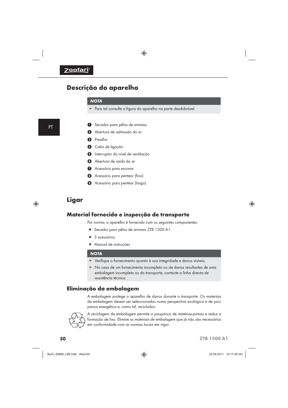 Descrição do aparelho, Ligar, Material fornecido e inspecção de transporte | Eliminação da embalagem | Zoofari Electric Pet Hairdryer ZTB 1500 A1 User Manual | Page 52 / 82