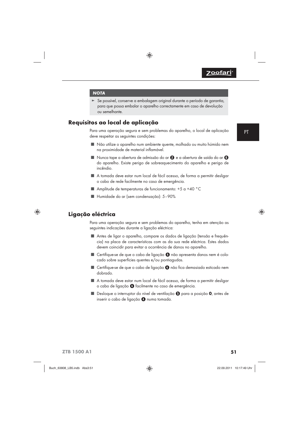 Requisitos ao local de aplicação, Ligação eléctrica | Zoofari Electric Pet Hairdryer ZTB 1500 A1 User Manual | Page 53 / 82