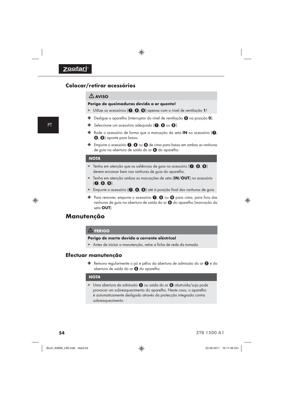 Manutenção, Colocar/retirar acessórios, Efectuar manutenção | Zoofari Electric Pet Hairdryer ZTB 1500 A1 User Manual | Page 56 / 82