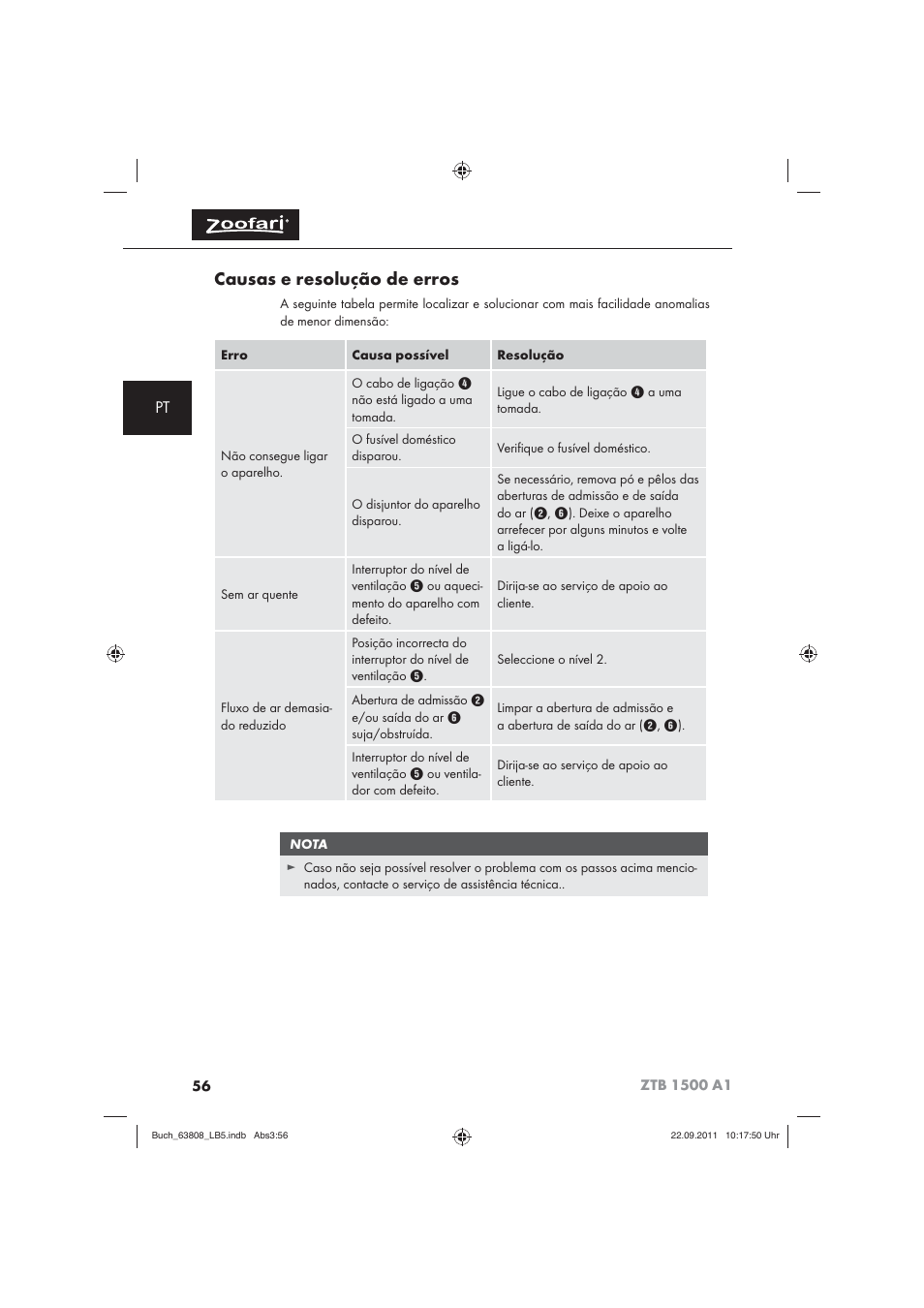 Causas e resolução de erros | Zoofari Electric Pet Hairdryer ZTB 1500 A1 User Manual | Page 58 / 82