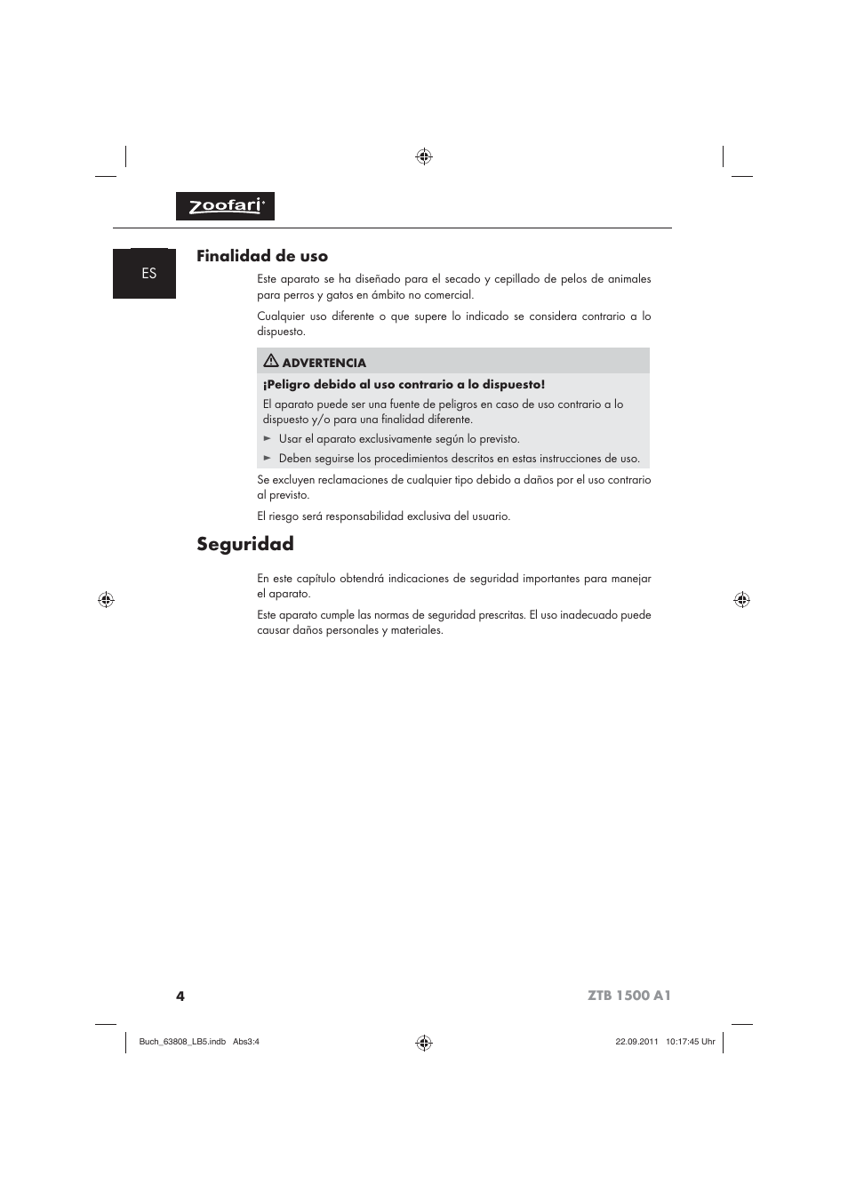 Seguridad, Finalidad de uso | Zoofari Electric Pet Hairdryer ZTB 1500 A1 User Manual | Page 6 / 82