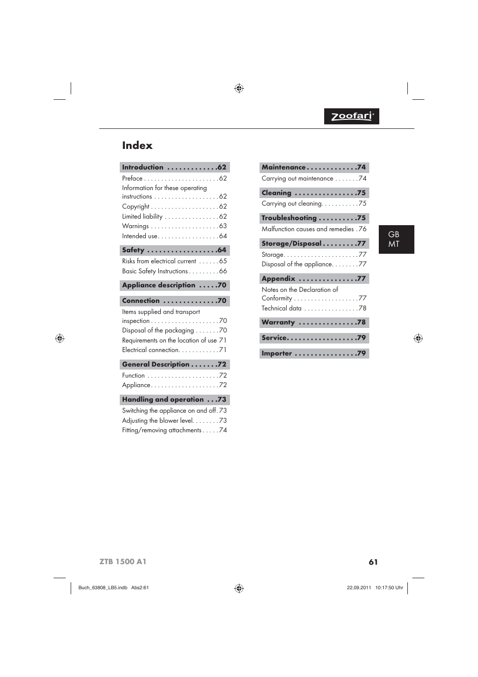 Index, Gb mt | Zoofari Electric Pet Hairdryer ZTB 1500 A1 User Manual | Page 63 / 82