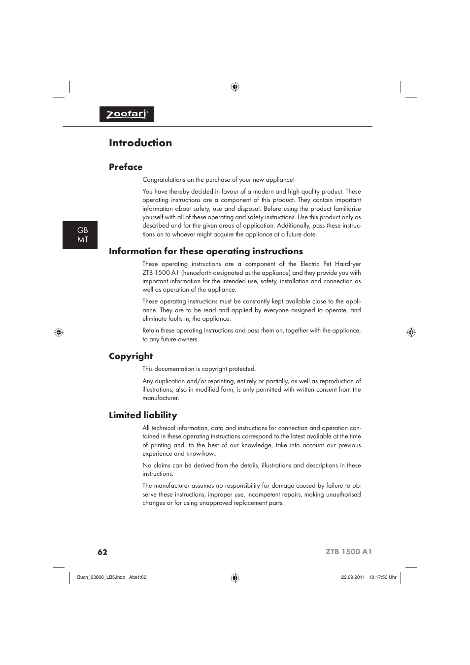 Introduction, Preface, Information for these operating instructions | Copyright, Limited liability, Gb mt | Zoofari Electric Pet Hairdryer ZTB 1500 A1 User Manual | Page 64 / 82