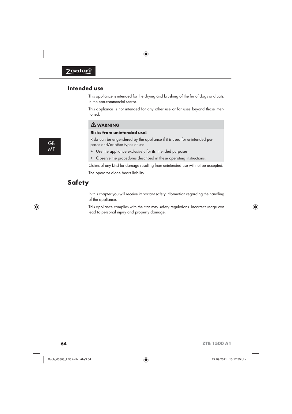 Safety, Intended use, Gb mt | Zoofari Electric Pet Hairdryer ZTB 1500 A1 User Manual | Page 66 / 82