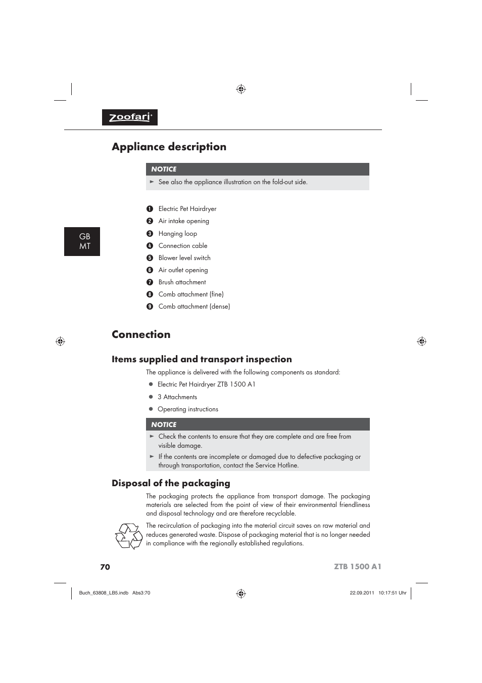 Appliance description, Connection, Items supplied and transport inspection | Disposal of the packaging, Gb mt | Zoofari Electric Pet Hairdryer ZTB 1500 A1 User Manual | Page 72 / 82