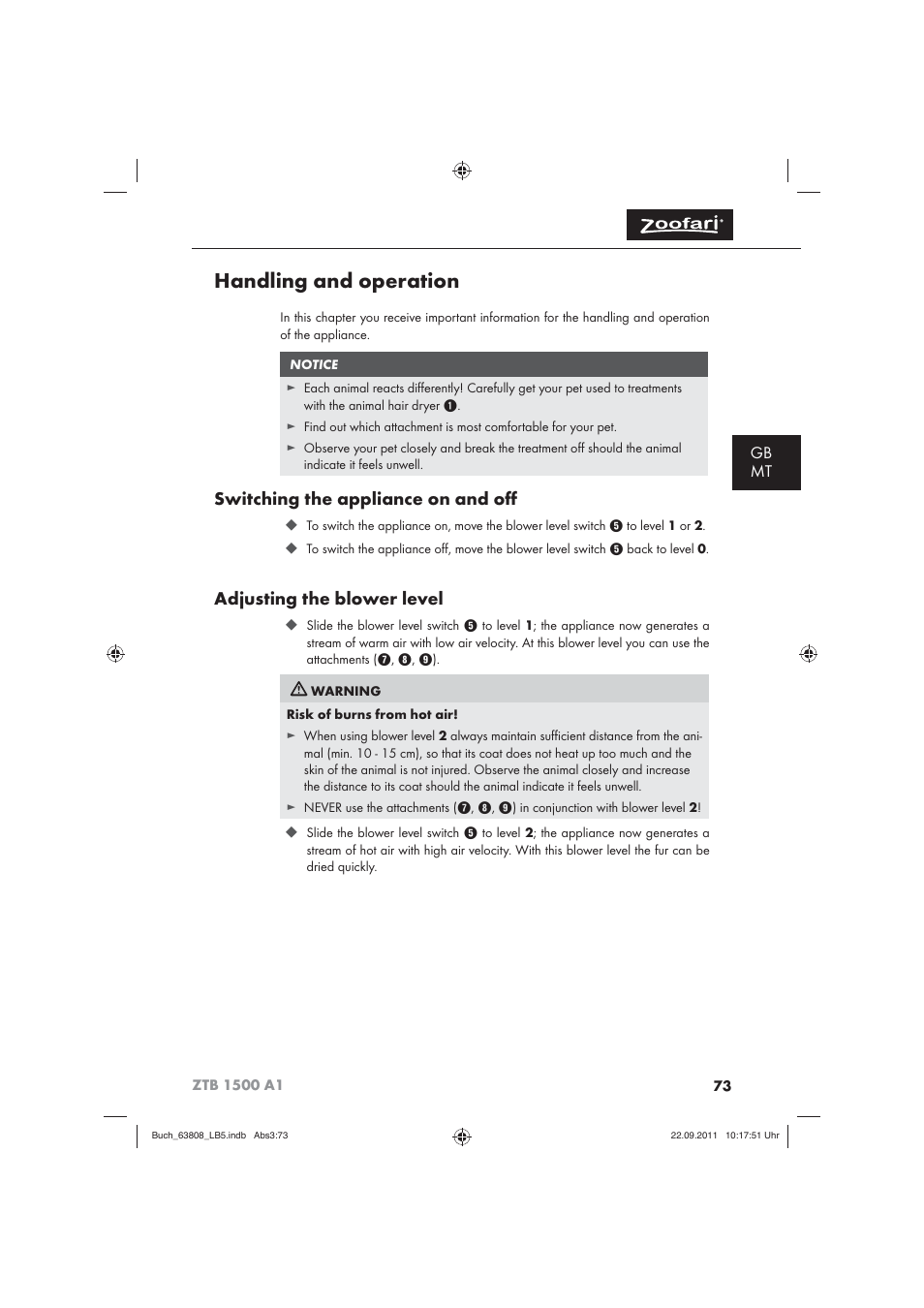 Handling and operation, Switching the appliance on and oﬀ, Adjusting the blower level | Gb mt | Zoofari Electric Pet Hairdryer ZTB 1500 A1 User Manual | Page 75 / 82