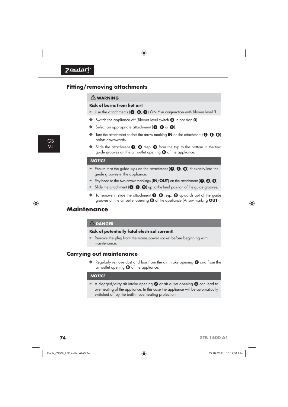 Maintenance, Fitting/removing attachments, Carrying out maintenance | Gb mt | Zoofari Electric Pet Hairdryer ZTB 1500 A1 User Manual | Page 76 / 82