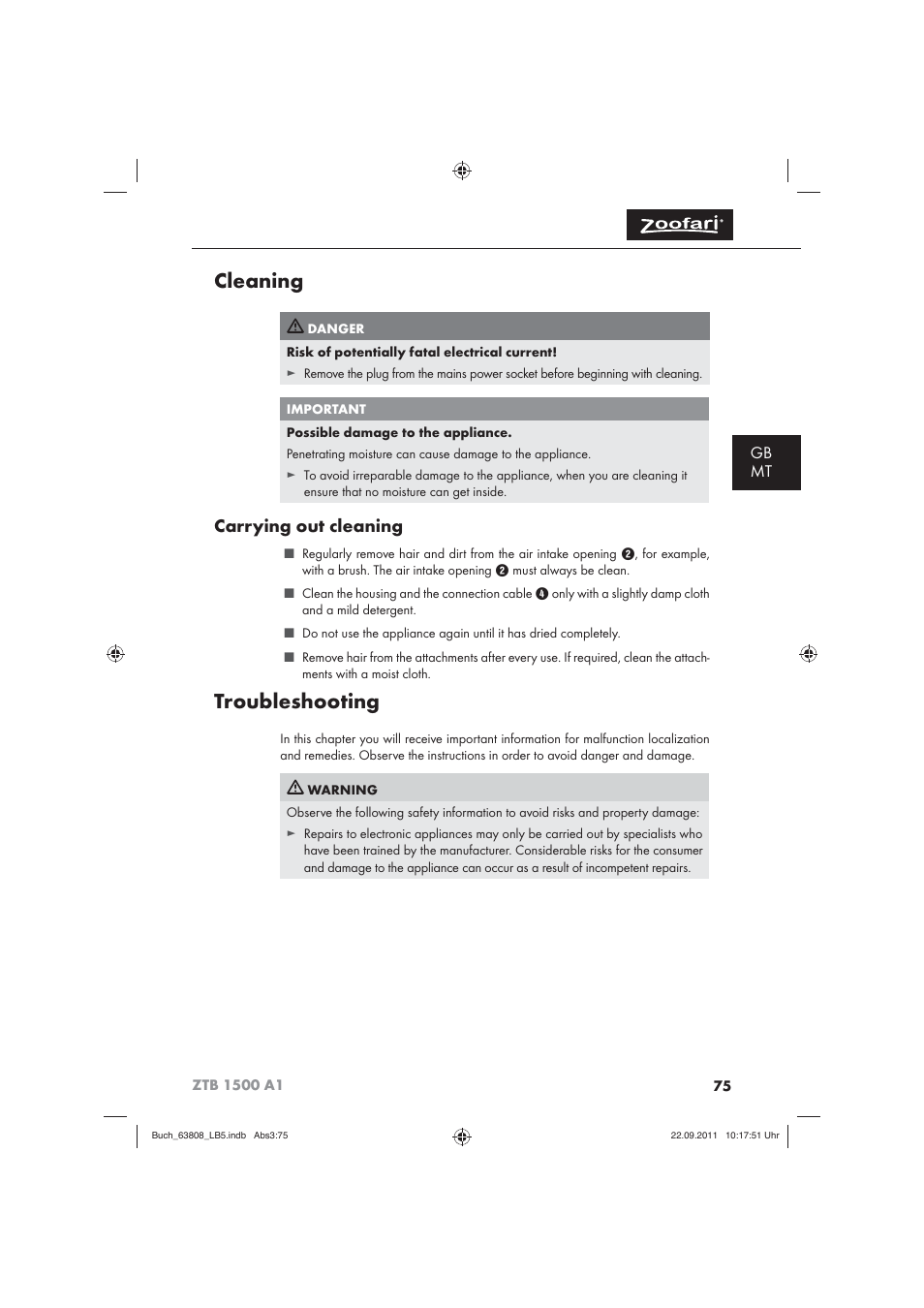 Cleaning, Troubleshooting, Carrying out cleaning | Gb mt | Zoofari Electric Pet Hairdryer ZTB 1500 A1 User Manual | Page 77 / 82