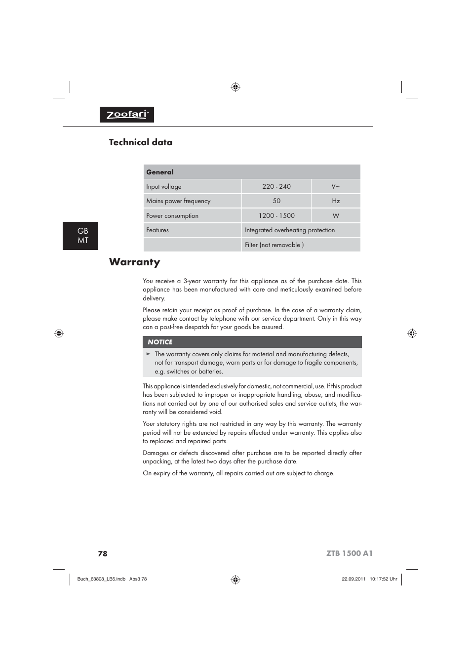 Warranty, Technical data, Gb mt | Zoofari Electric Pet Hairdryer ZTB 1500 A1 User Manual | Page 80 / 82