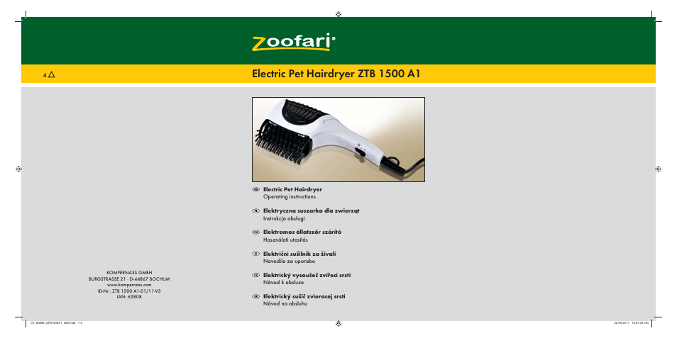 Zoofari Electric Pet Hairdryer ZTB 1500 A1 User Manual | 122 pages