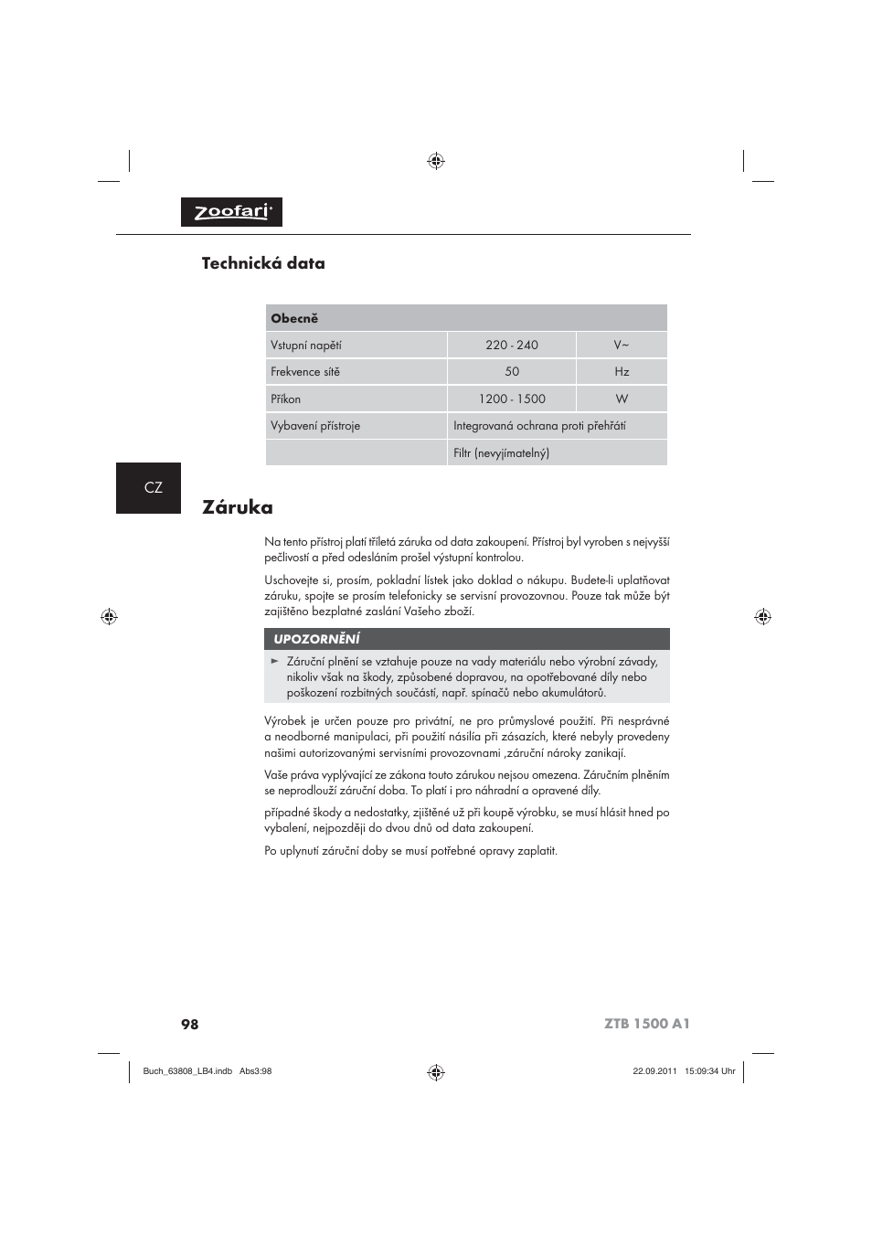 Záruka, Technická data | Zoofari Electric Pet Hairdryer ZTB 1500 A1 User Manual | Page 100 / 122