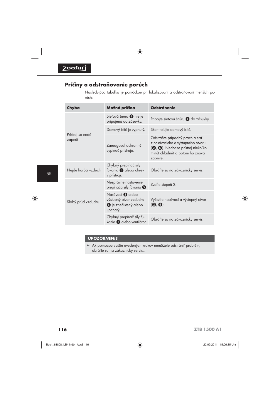 Príčiny a odstraňovanie porúch | Zoofari Electric Pet Hairdryer ZTB 1500 A1 User Manual | Page 118 / 122