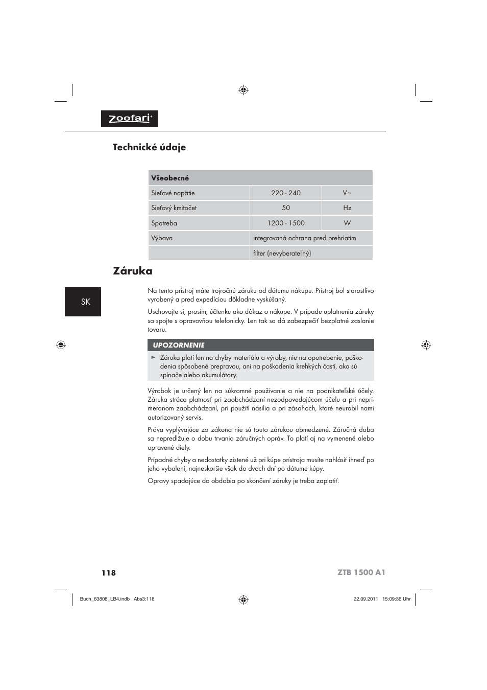 Záruka, Technické údaje | Zoofari Electric Pet Hairdryer ZTB 1500 A1 User Manual | Page 120 / 122