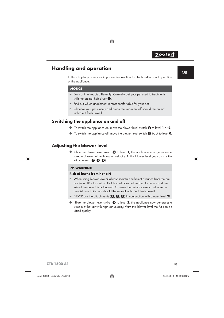 Handling and operation, Switching the appliance on and oﬀ, Adjusting the blower level | Zoofari Electric Pet Hairdryer ZTB 1500 A1 User Manual | Page 15 / 122