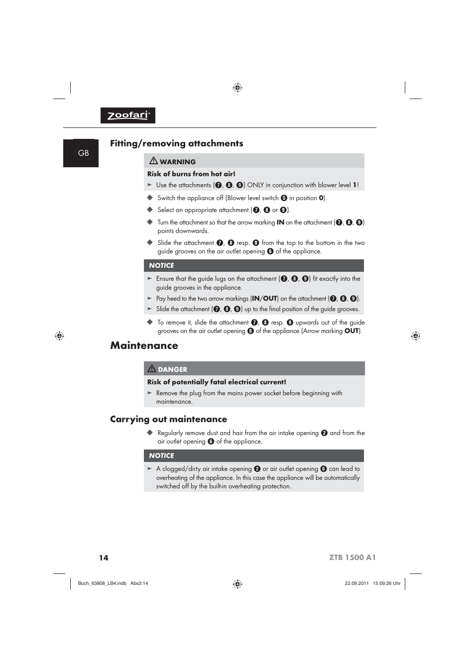 Maintenance, Fitting/removing attachments, Carrying out maintenance | Zoofari Electric Pet Hairdryer ZTB 1500 A1 User Manual | Page 16 / 122