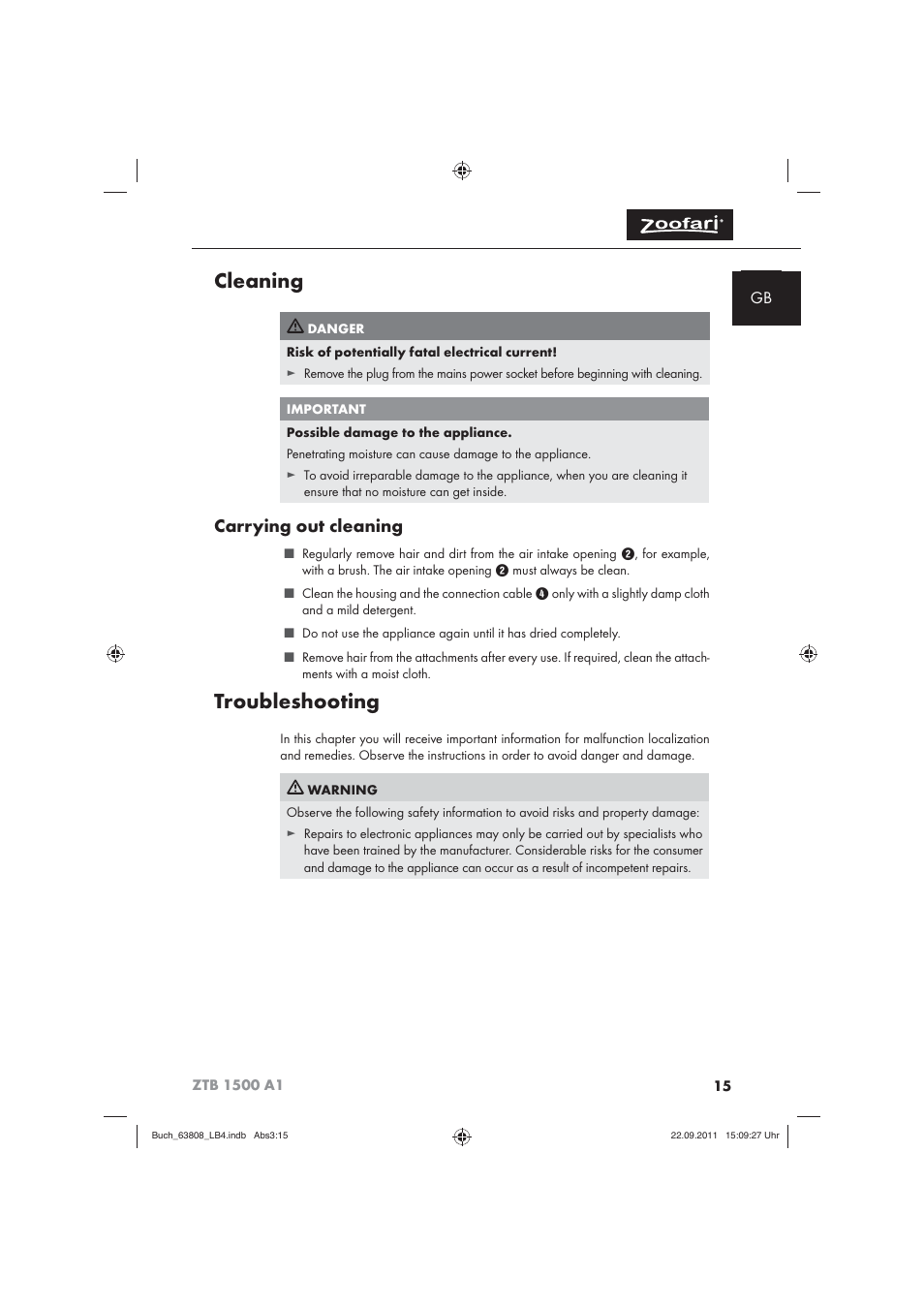 Cleaning, Troubleshooting, Carrying out cleaning | Zoofari Electric Pet Hairdryer ZTB 1500 A1 User Manual | Page 17 / 122