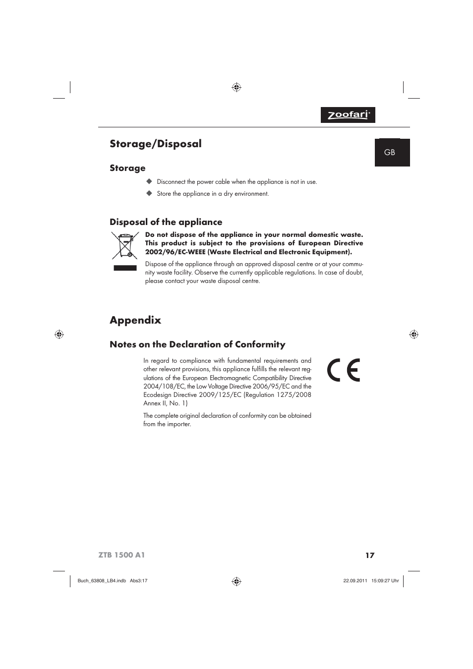 Storage/disposal, Appendix, Storage | Disposal of the appliance | Zoofari Electric Pet Hairdryer ZTB 1500 A1 User Manual | Page 19 / 122