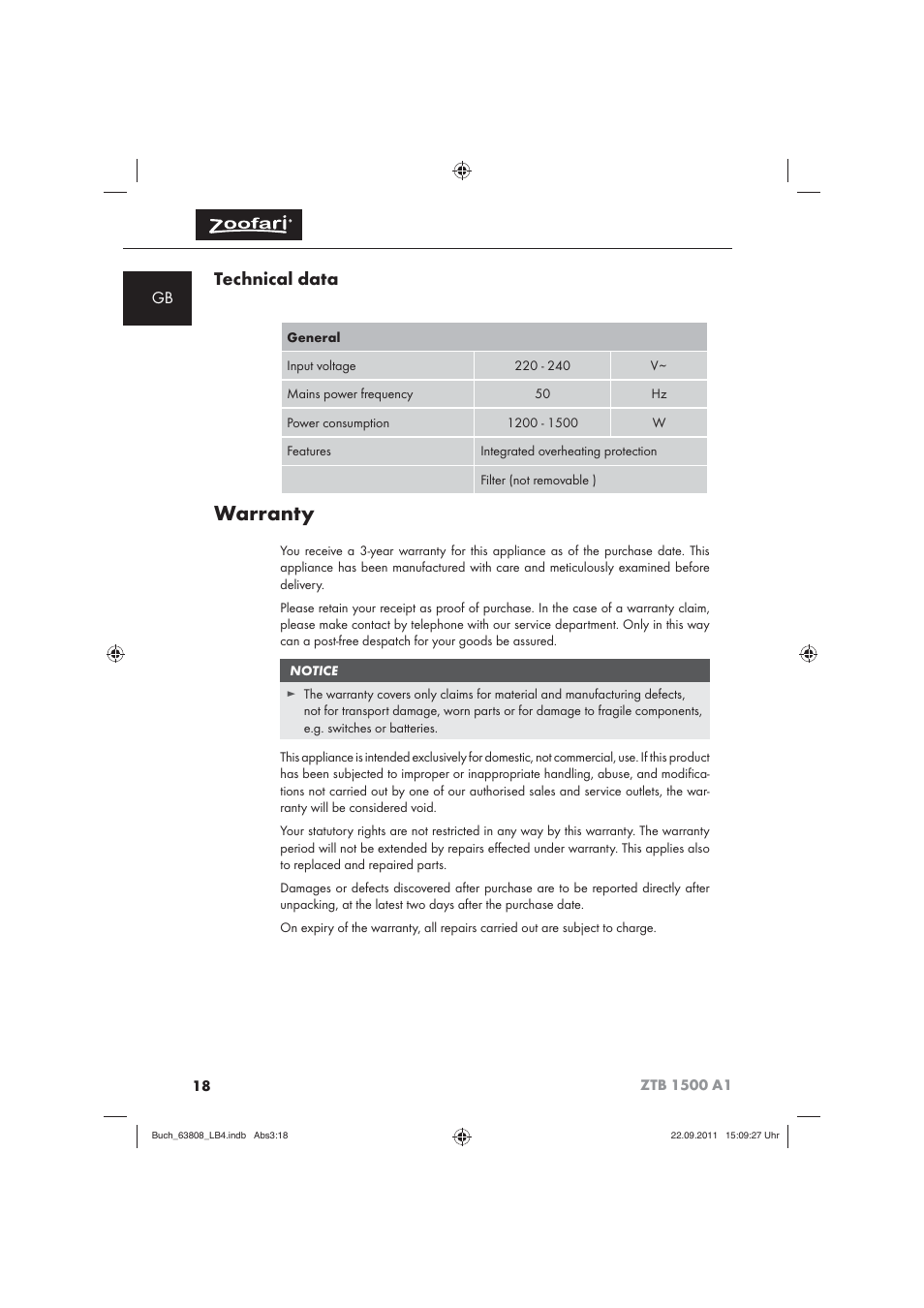 Warranty, Technical data | Zoofari Electric Pet Hairdryer ZTB 1500 A1 User Manual | Page 20 / 122