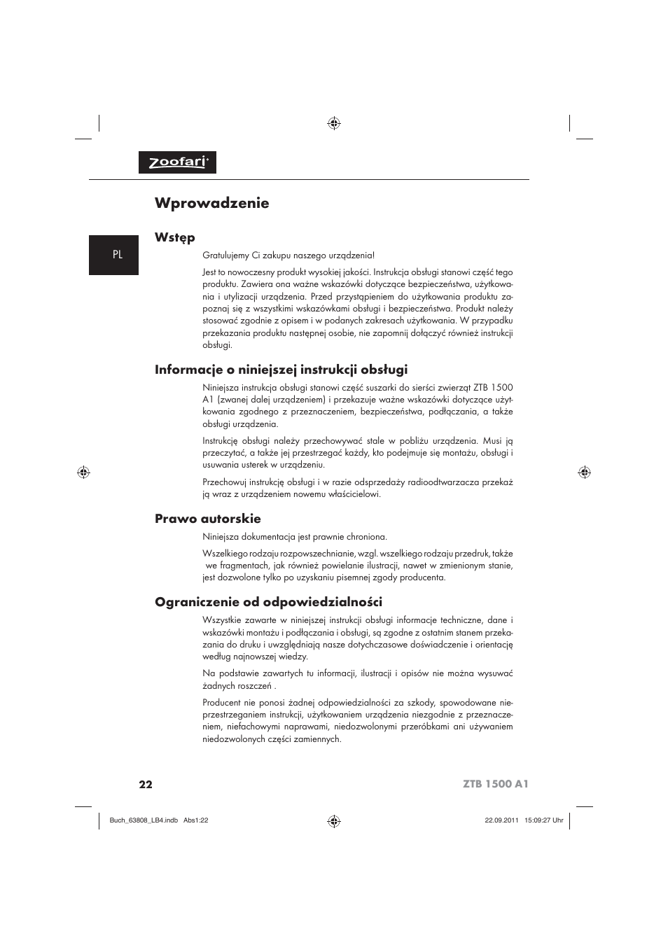 Wprowadzenie, Wstęp, Informacje o niniejszej instrukcji obsługi | Prawo autorskie, Ograniczenie od odpowiedzialności | Zoofari Electric Pet Hairdryer ZTB 1500 A1 User Manual | Page 24 / 122