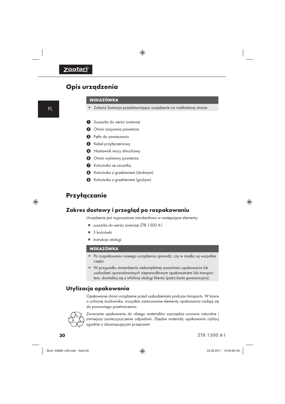 Opis urządzenia, Przyłączanie, Zakres dostawy i przegląd po rozpakowaniu | Utylizacja opakowania | Zoofari Electric Pet Hairdryer ZTB 1500 A1 User Manual | Page 32 / 122