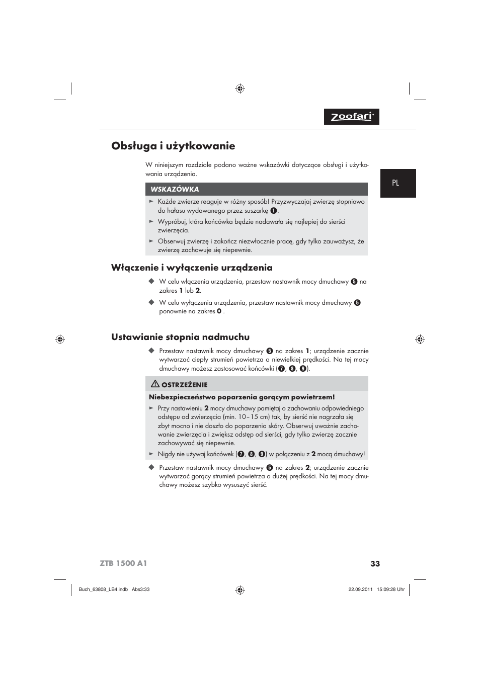 Obsługa i użytkowanie, Włączenie i wyłączenie urządzenia, Ustawianie stopnia nadmuchu | Zoofari Electric Pet Hairdryer ZTB 1500 A1 User Manual | Page 35 / 122