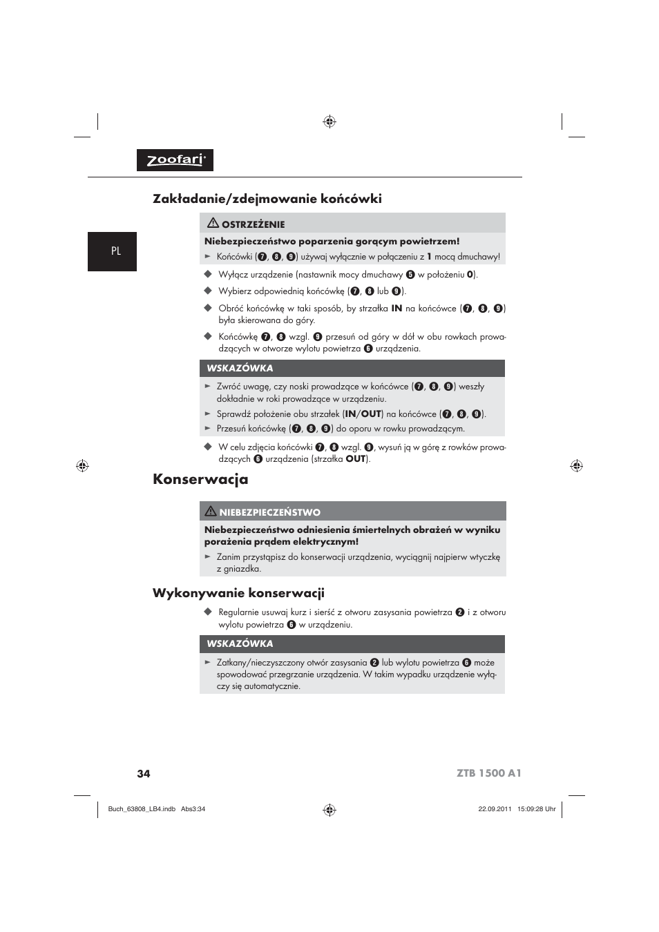 Konserwacja, Zakładanie/zdejmowanie końcówki, Wykonywanie konserwacji | Zoofari Electric Pet Hairdryer ZTB 1500 A1 User Manual | Page 36 / 122