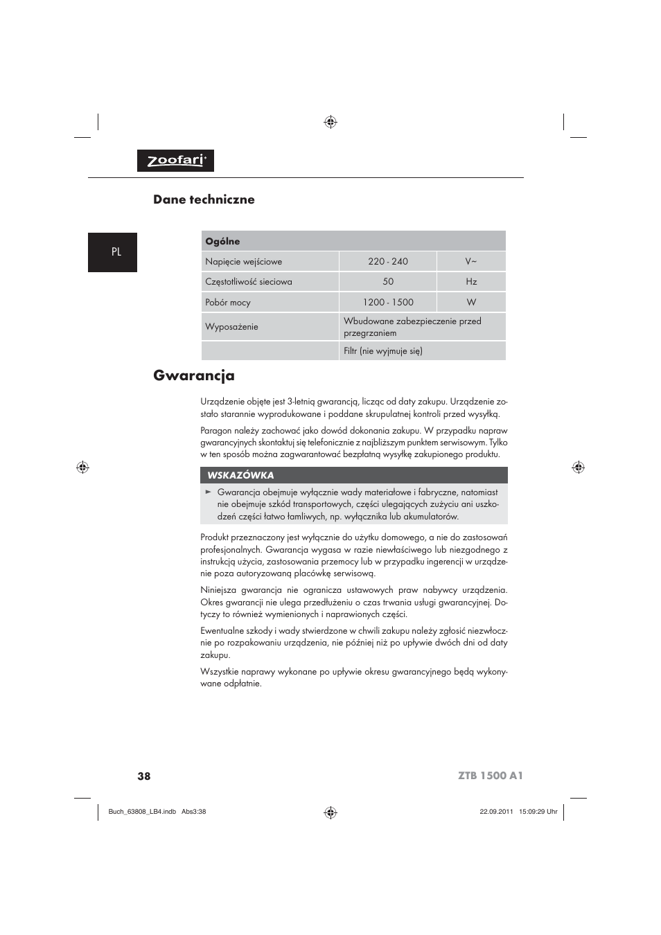 Gwarancja, Dane techniczne | Zoofari Electric Pet Hairdryer ZTB 1500 A1 User Manual | Page 40 / 122