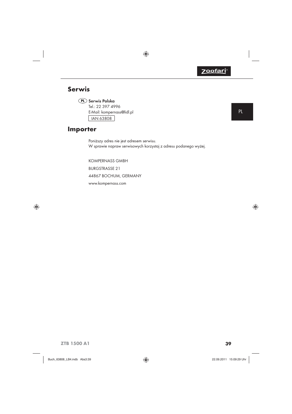 Serwis, Importer | Zoofari Electric Pet Hairdryer ZTB 1500 A1 User Manual | Page 41 / 122