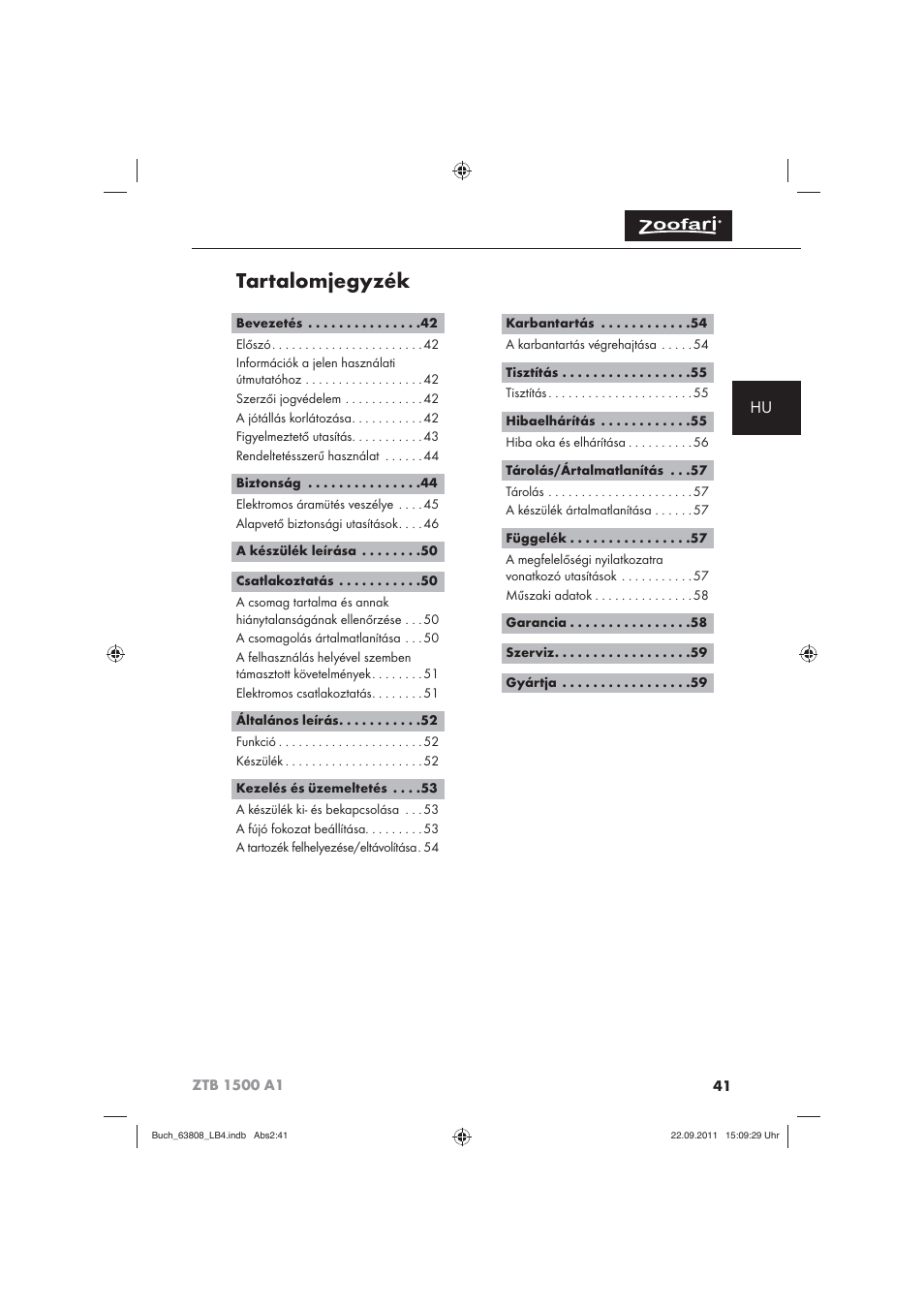 Tartalomjegyzék | Zoofari Electric Pet Hairdryer ZTB 1500 A1 User Manual | Page 43 / 122