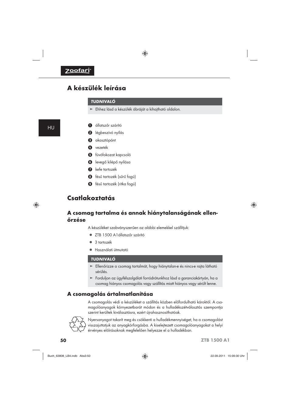 A készülék leírása, Csatlakoztatás, A csomagolás ártalmatlanítása | Zoofari Electric Pet Hairdryer ZTB 1500 A1 User Manual | Page 52 / 122