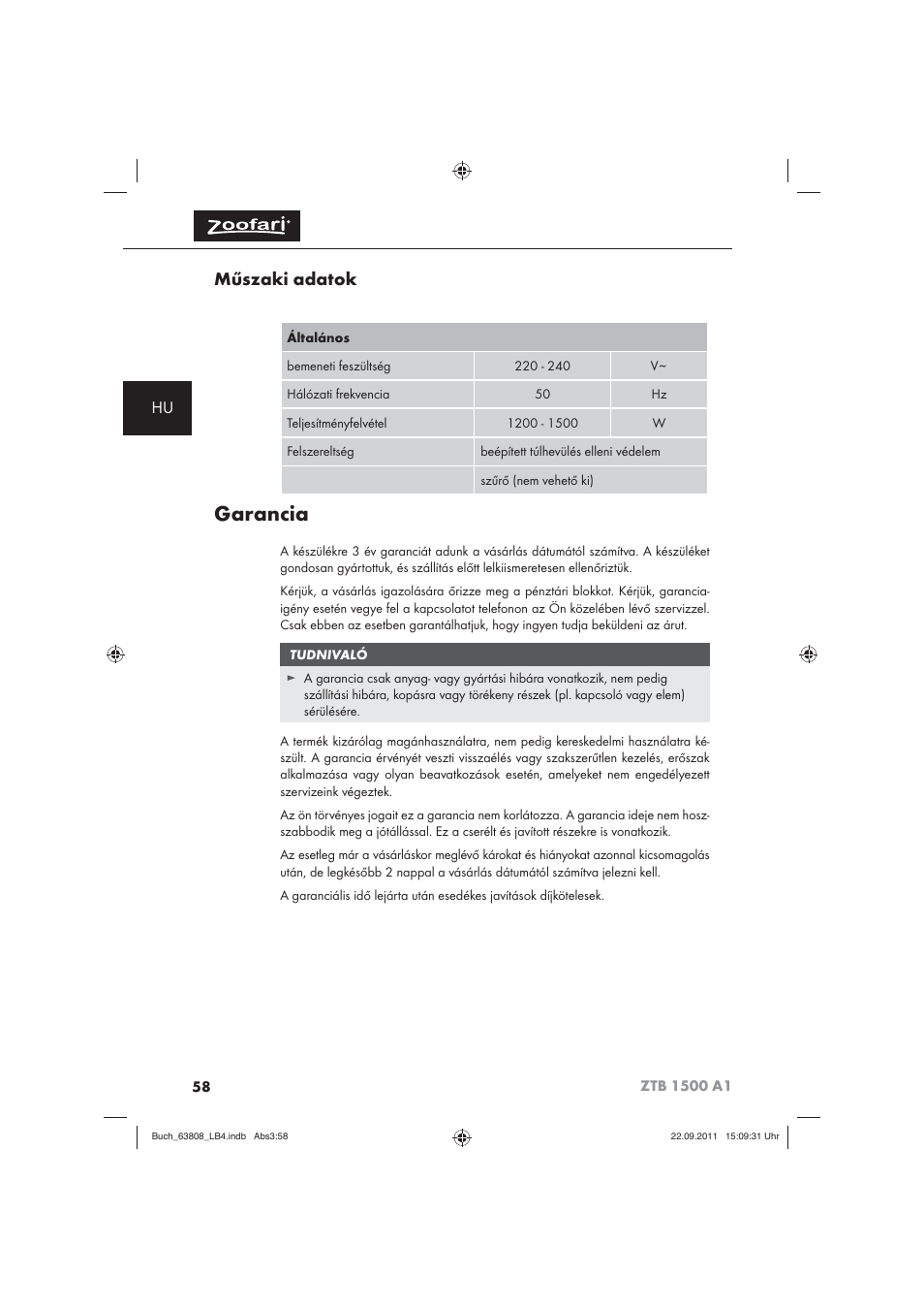 Garancia, Műszaki adatok | Zoofari Electric Pet Hairdryer ZTB 1500 A1 User Manual | Page 60 / 122