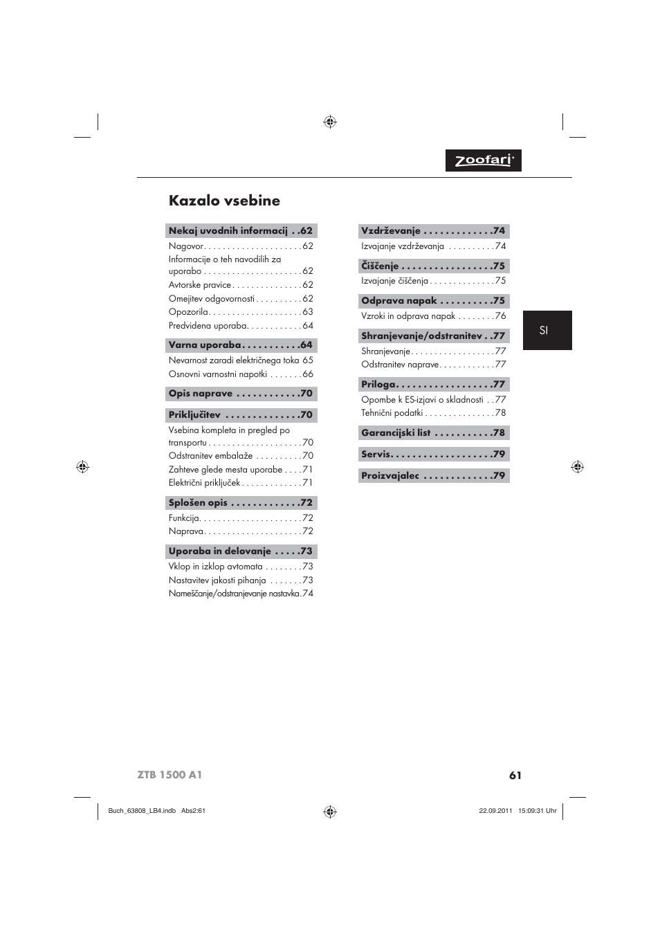 Kazalo vsebine | Zoofari Electric Pet Hairdryer ZTB 1500 A1 User Manual | Page 63 / 122