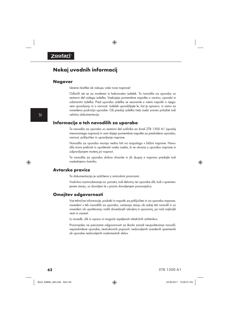 Nekaj uvodnih informacij, Nagovor, Informacije o teh navodilih za uporabo | Avtorske pravice, Omejitev odgovornosti | Zoofari Electric Pet Hairdryer ZTB 1500 A1 User Manual | Page 64 / 122