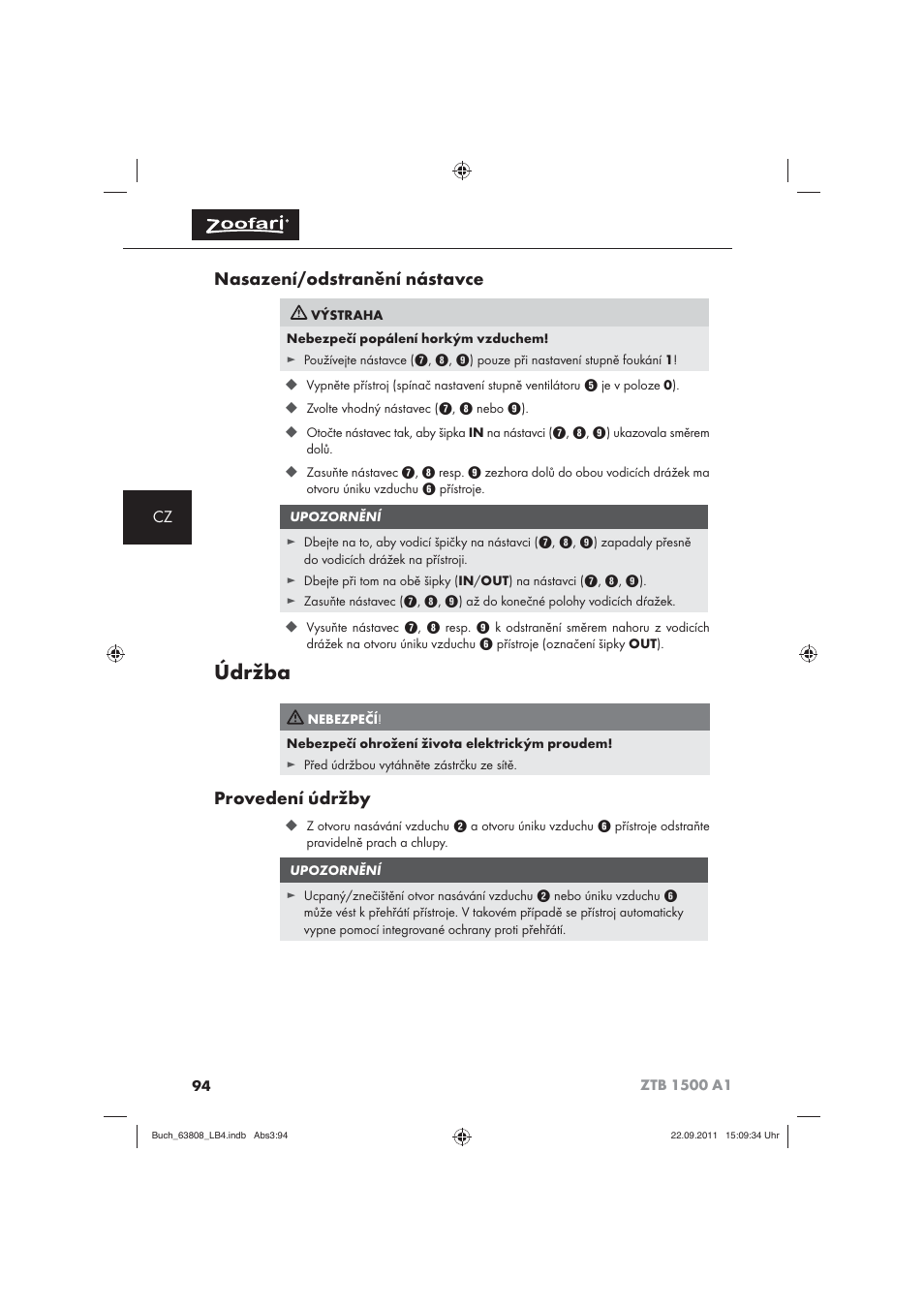 Údržba, Nasazení/odstranění nástavce, Provedení údržby | Zoofari Electric Pet Hairdryer ZTB 1500 A1 User Manual | Page 96 / 122