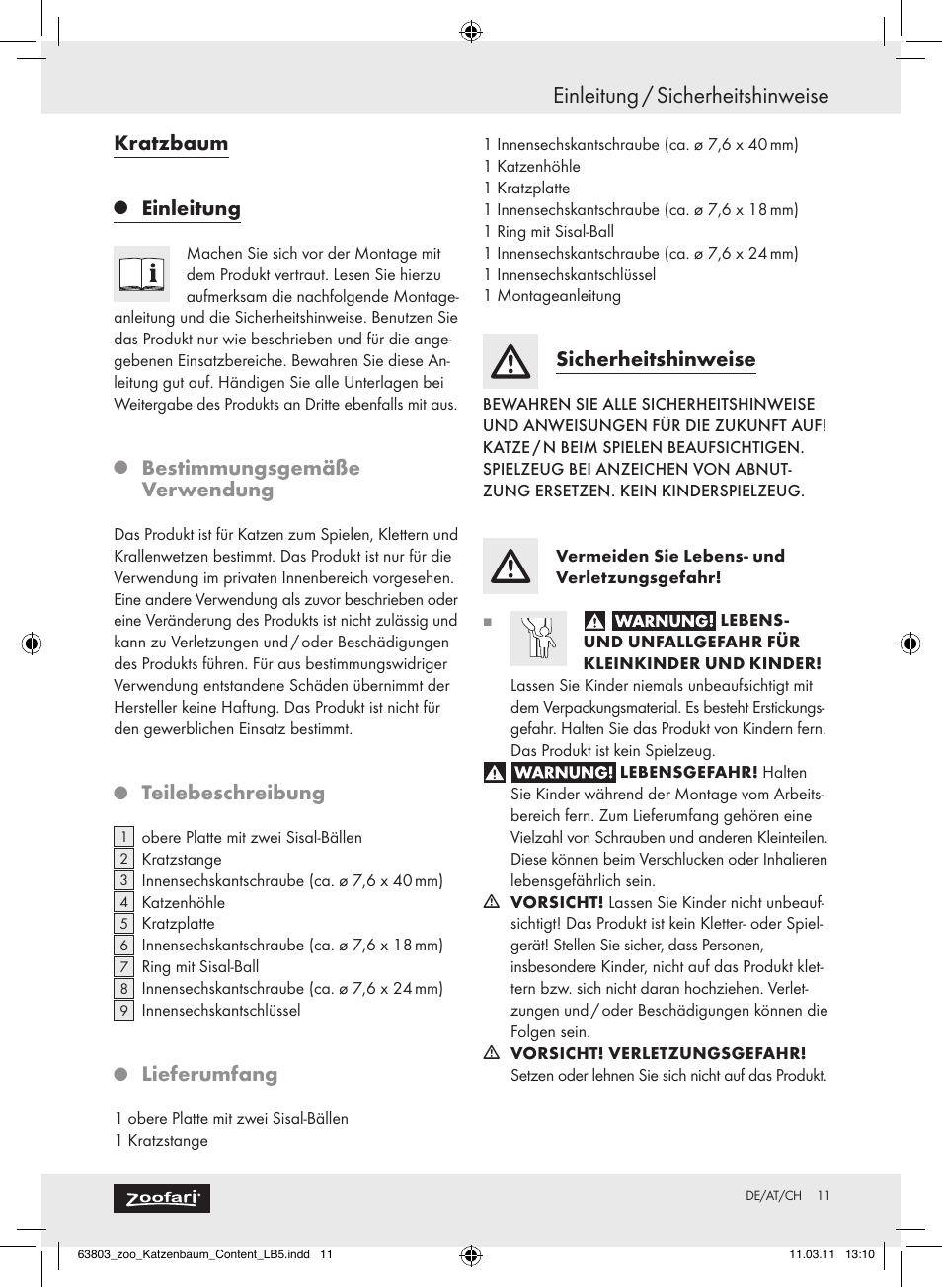 Einleitung / sicherheitshinweise, Kratzbaum, Einleitung | Bestimmungsgemäße verwendung, Teilebeschreibung, Lieferumfang, Sicherheitshinweise | Zoofari Scratching Post Z30853 User Manual | Page 9 / 11