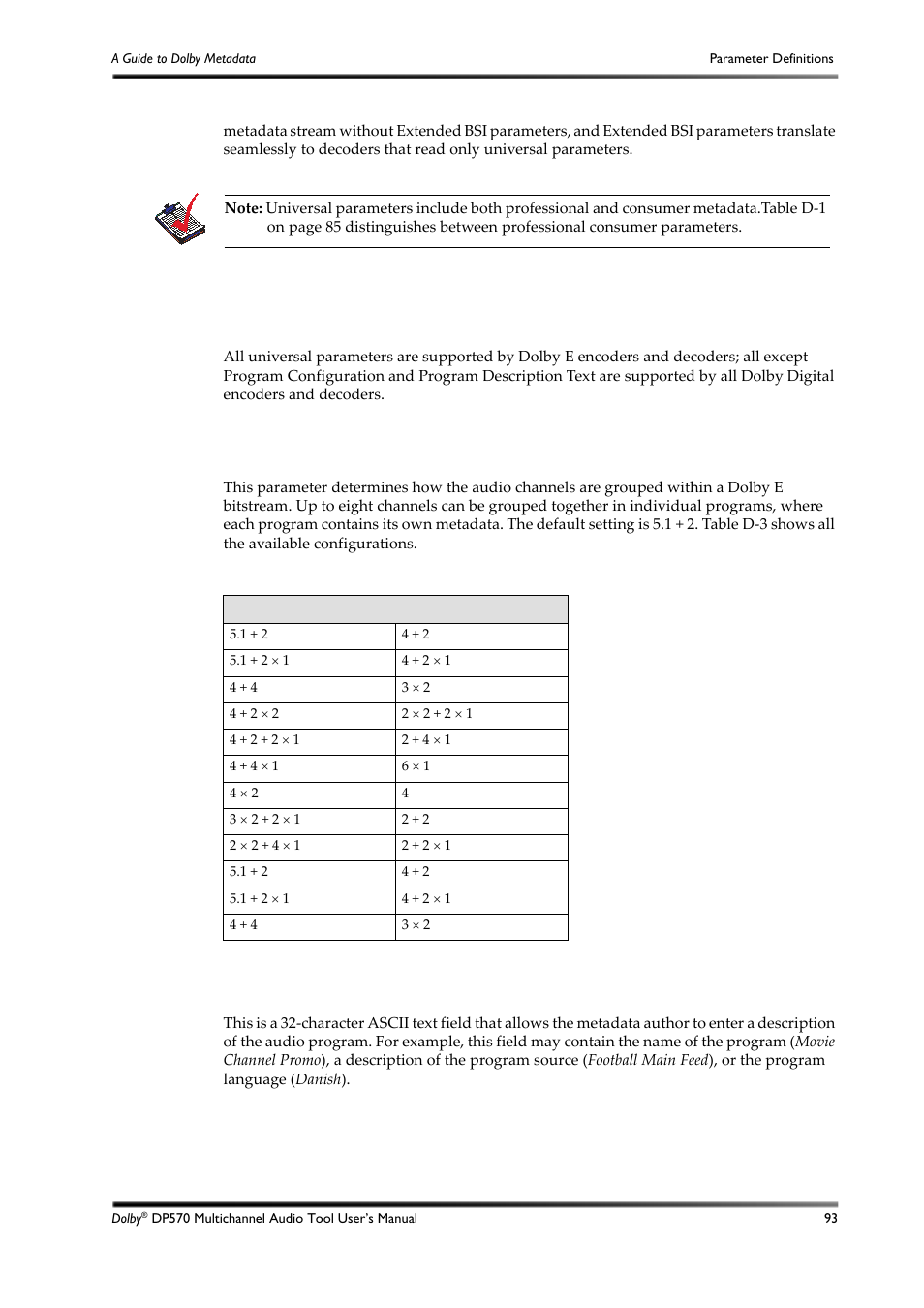 D.6.1 universal parameters, Table d-3, Program configuration settings | Program configuration, Settings | Dolby Laboratories DP570 User Manual | Page 105 / 127