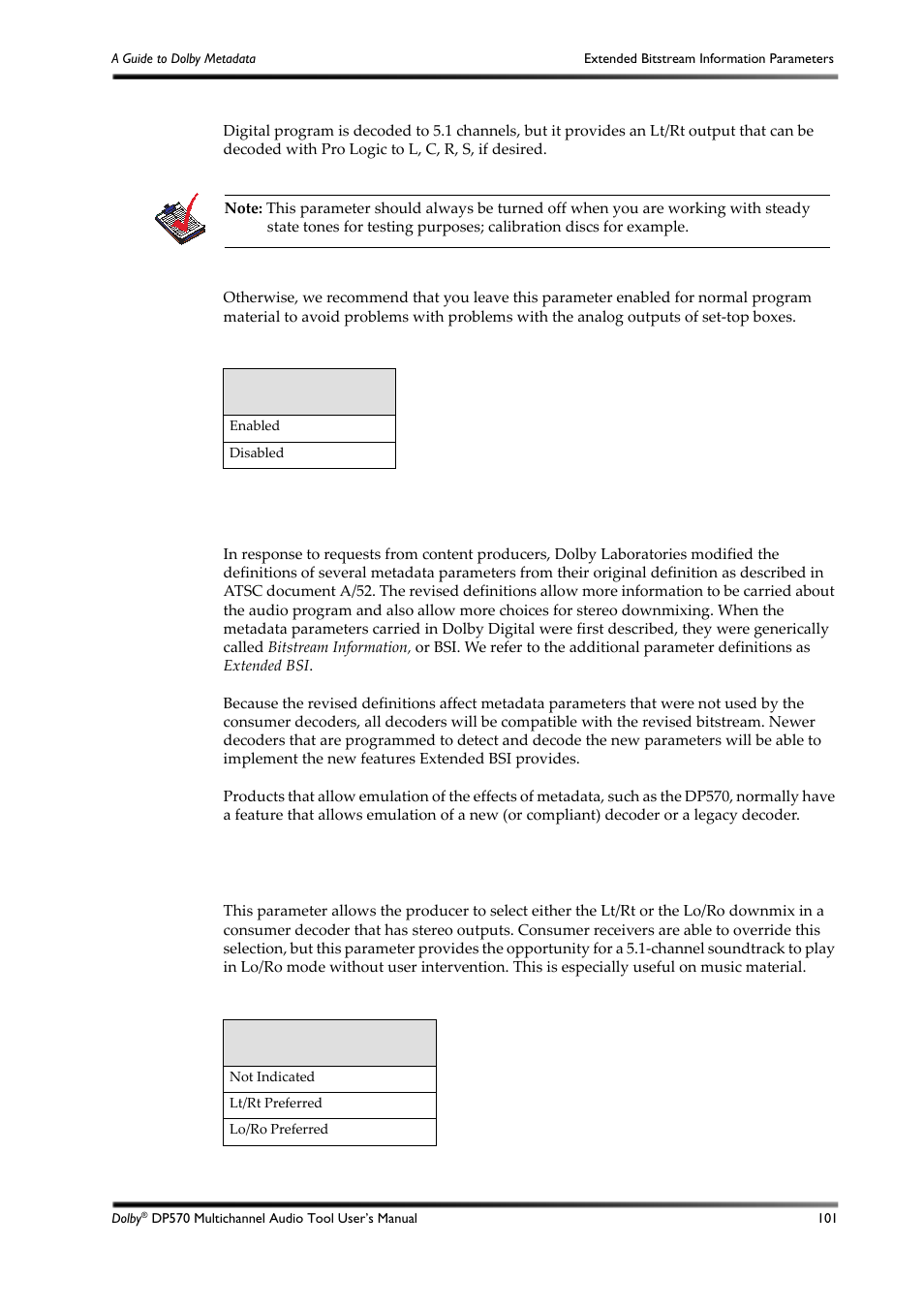 D.7 extended bitstream information parameters, D.7.1 preferred stereo downmix mode, Table d-20 | Table d-21 | Dolby Laboratories DP570 User Manual | Page 113 / 127
