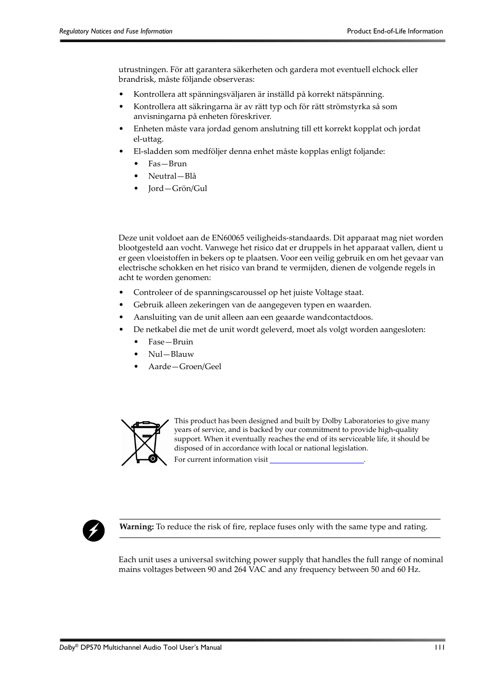 E.2 product end-of-life information, E.3 fuse information | Dolby Laboratories DP570 User Manual | Page 123 / 127