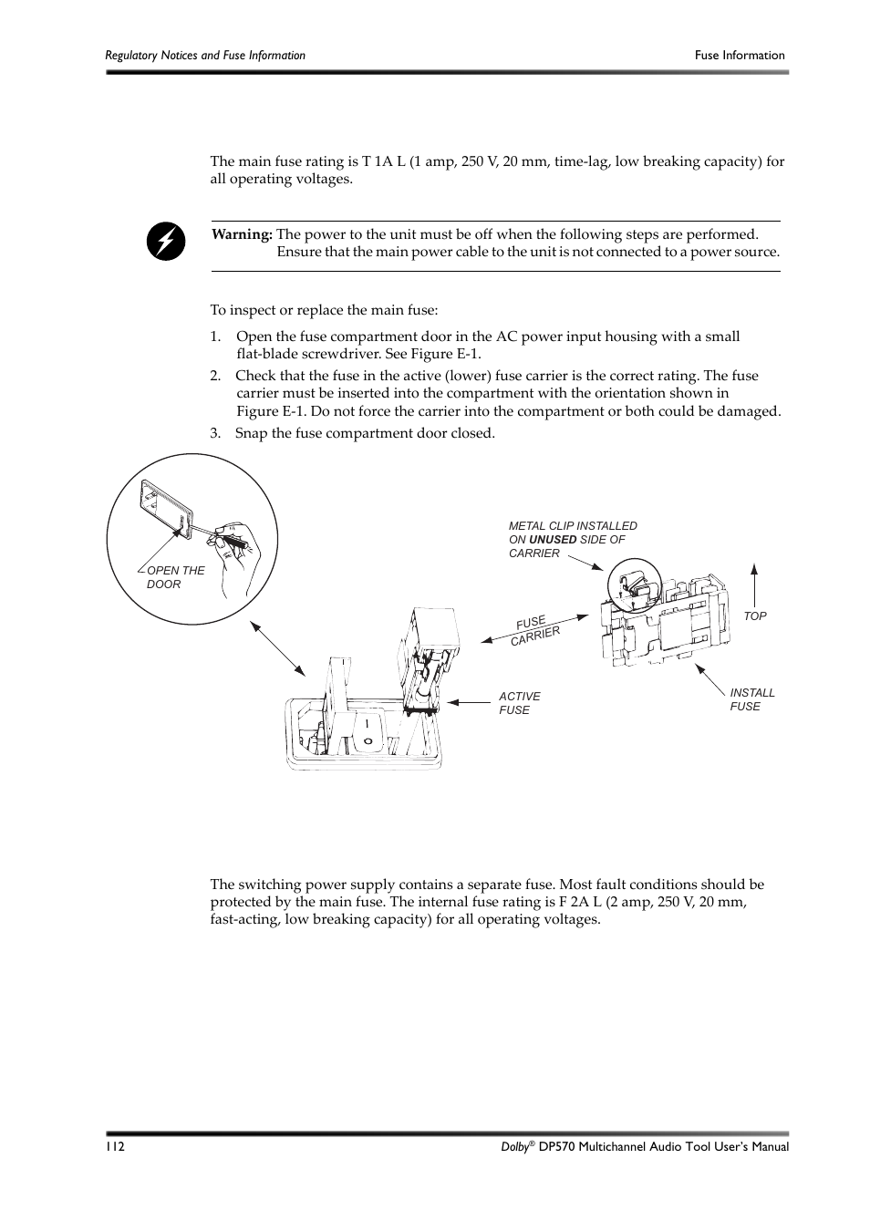 E.3.1 main fuse, E.3.2 internal fuse, E.3.1 main fuse e.3.2 internal fuse | Figure e-1 | Dolby Laboratories DP570 User Manual | Page 124 / 127