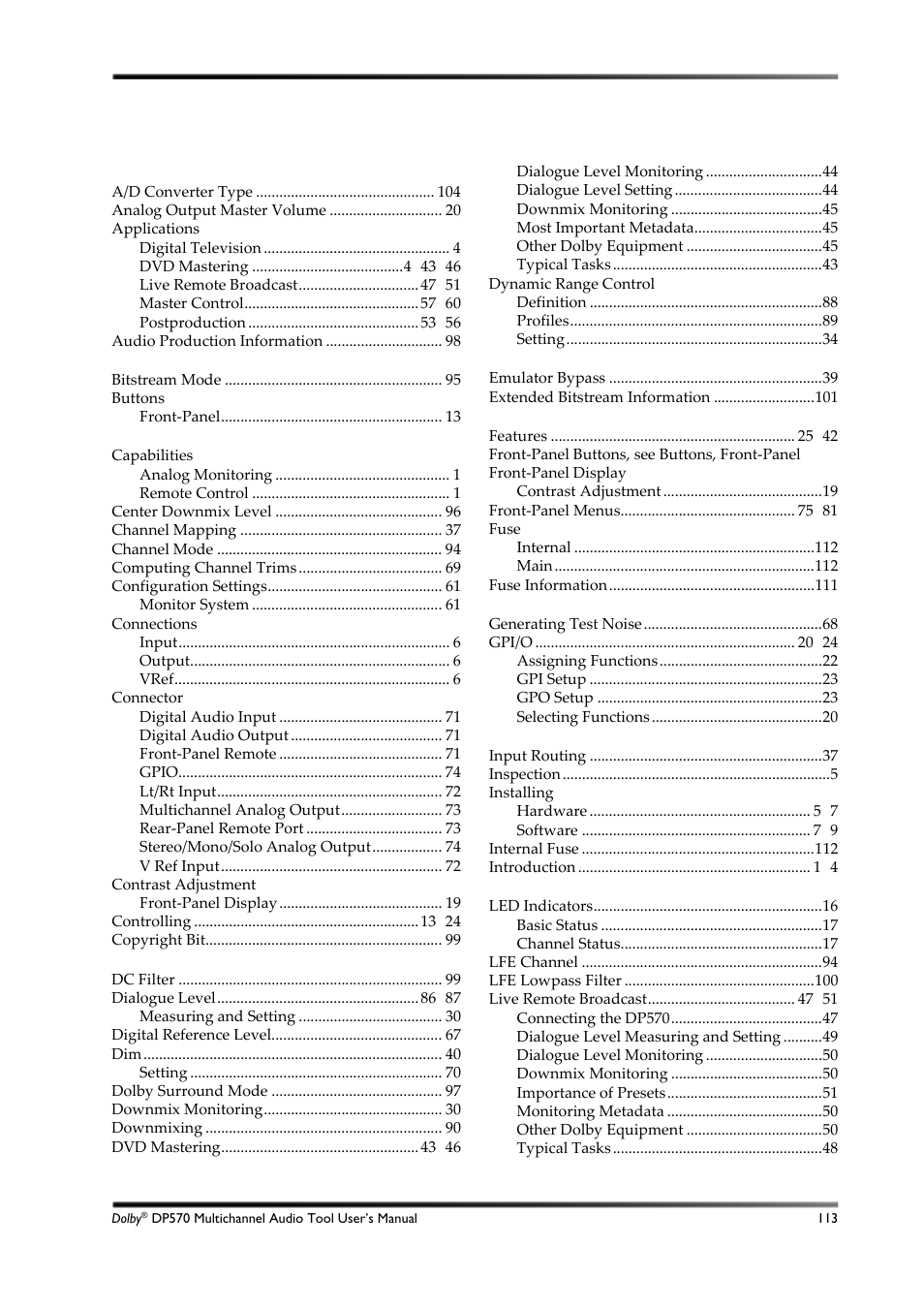 Index | Dolby Laboratories DP570 User Manual | Page 125 / 127