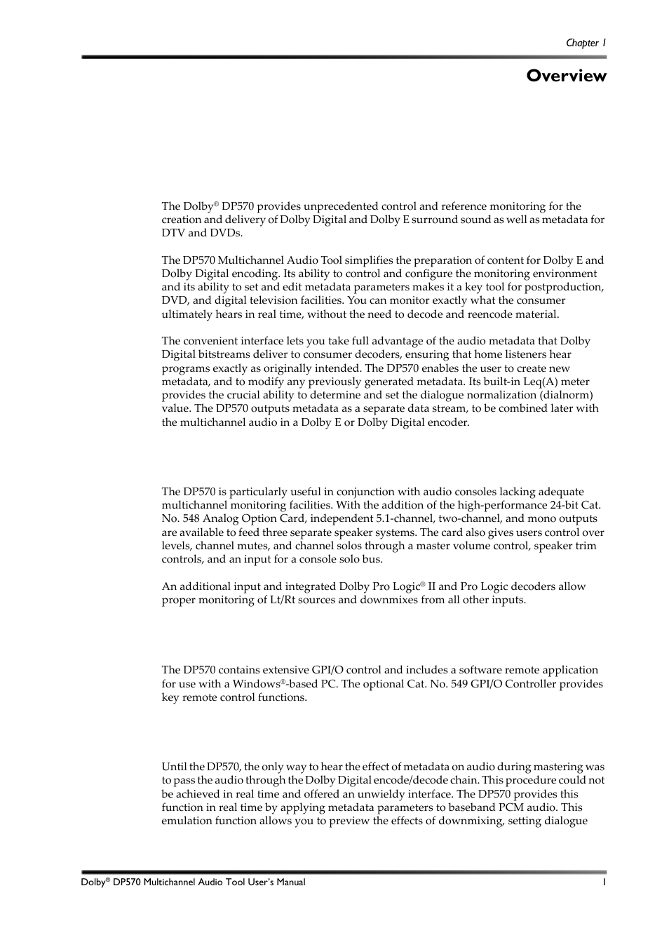 Overview, Analog monitoring capabilities, Remote control capabilities | Principles of operation, Chapter 1: overview, 1 analog monitoring capabilities, 2 remote control capabilities, 3 principles of operation | Dolby Laboratories DP570 User Manual | Page 13 / 127