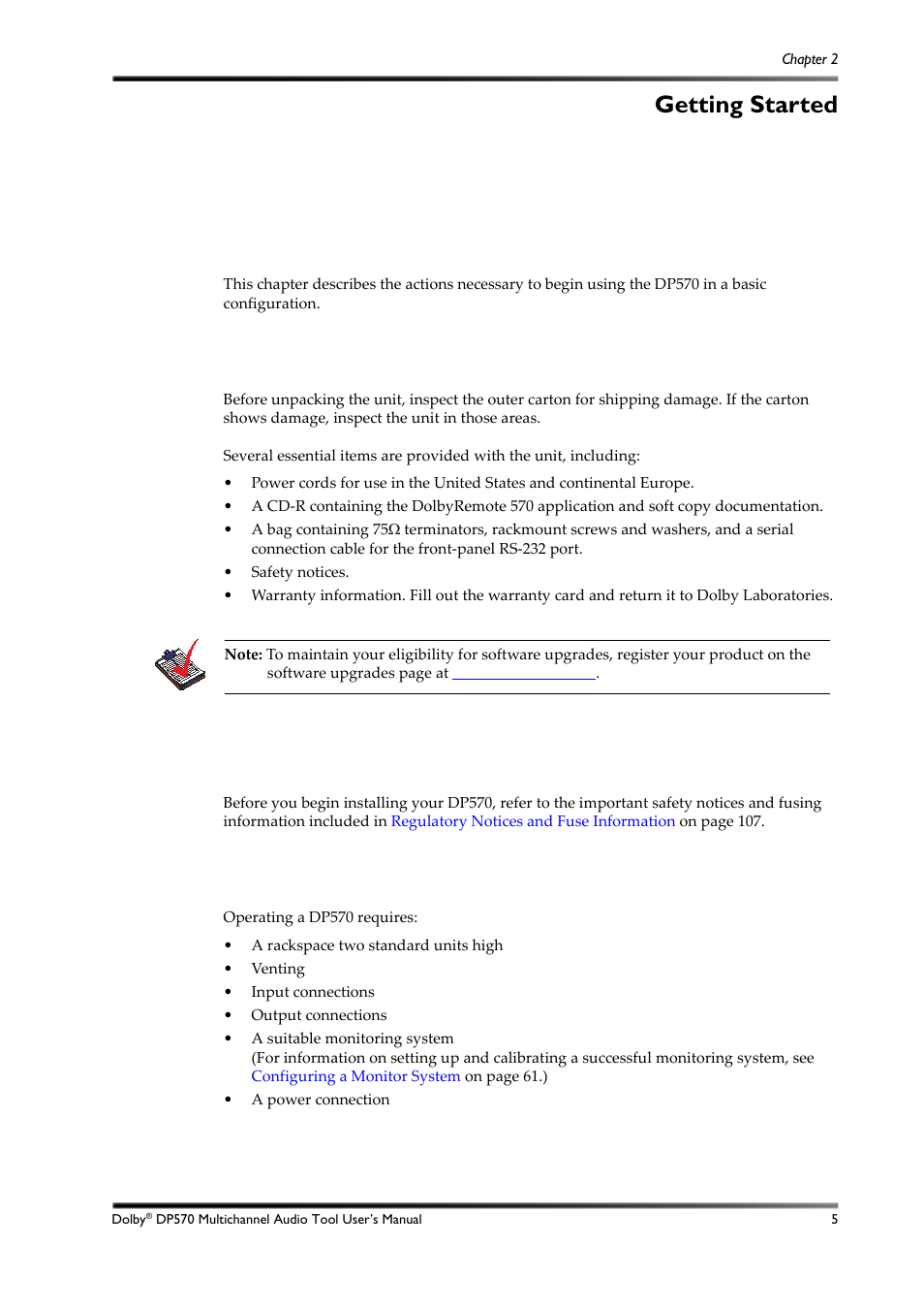 Getting started, Unpacking and inspection, Safety information | Installing the dp570, Chapter 2: getting started, 1 unpacking and inspection, 2 safety information, 3 installing the dp570 | Dolby Laboratories DP570 User Manual | Page 17 / 127