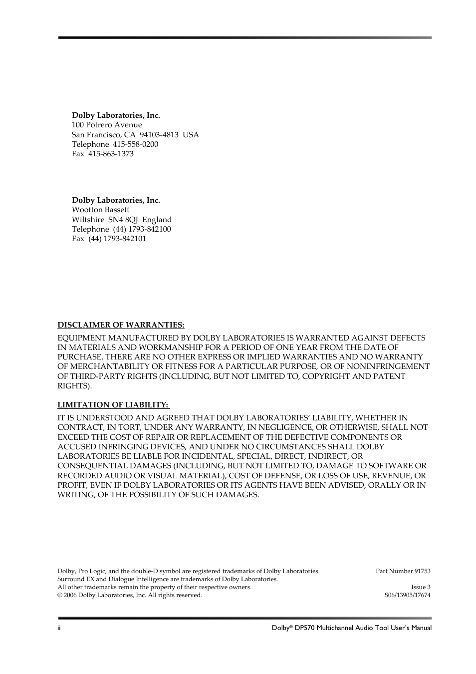 Dolby laboratories, inc, Corporate headquarters, European headquarters | Dolby Laboratories DP570 User Manual | Page 2 / 127