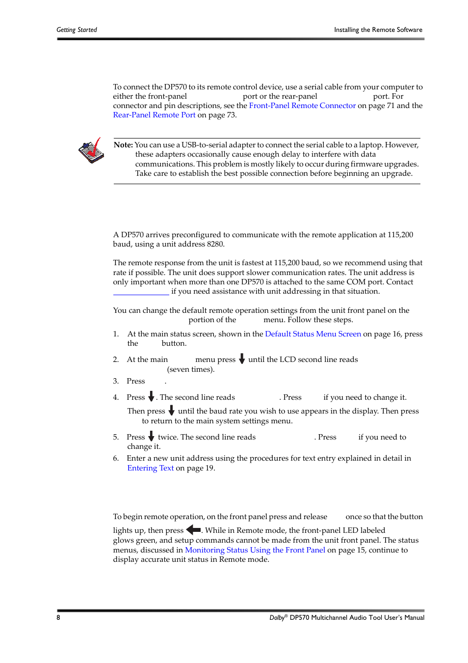 Hardware connection, Configuring the unit for remote operation, Beginning and ending remote operation | 3 hardware connection, 4 configuring the unit for remote operation, 5 beginning and ending remote operation | Dolby Laboratories DP570 User Manual | Page 20 / 127
