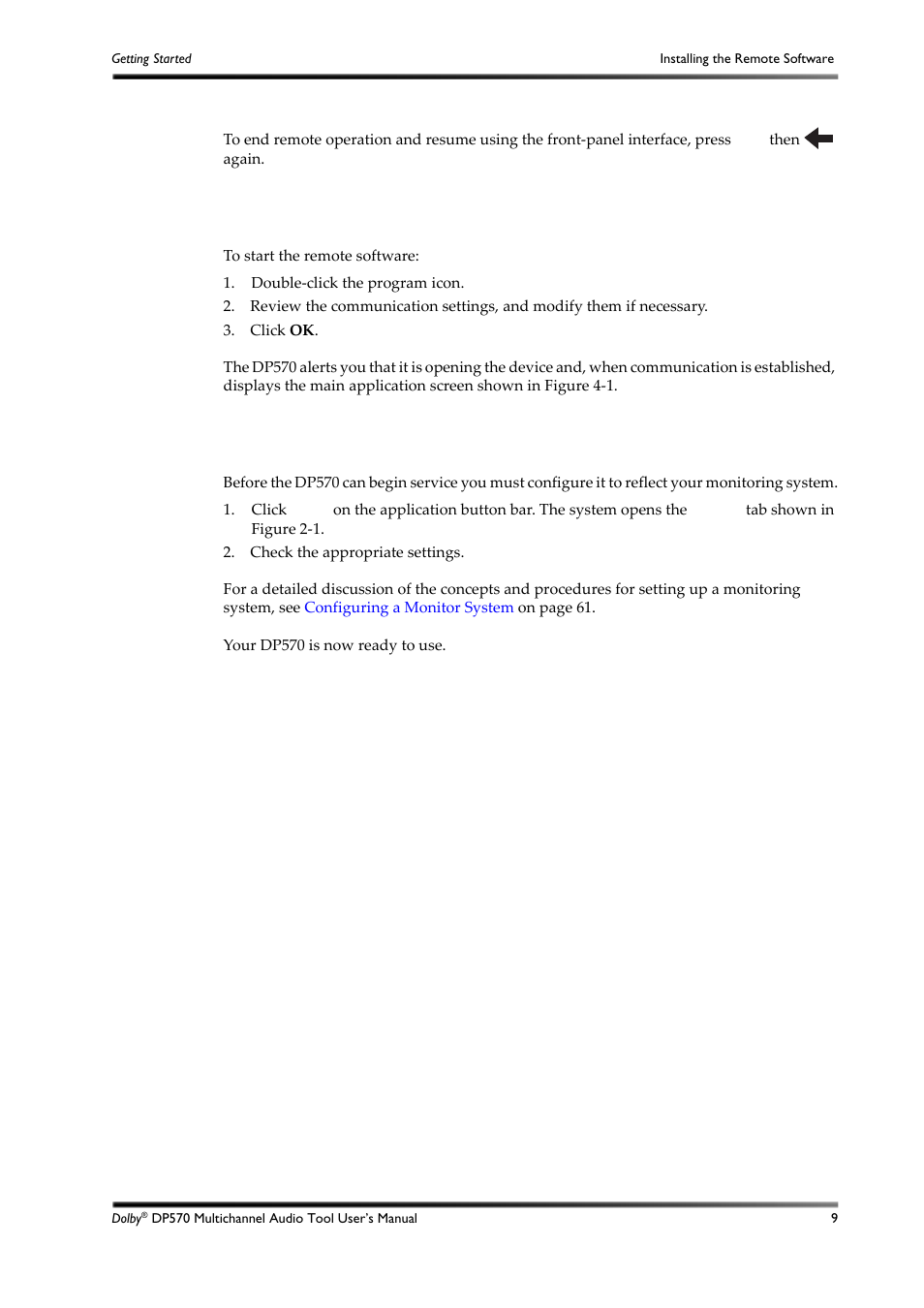 Starting the remote software, Configure the setup monitor tab, 6 starting the remote software | 7 configure the setup monitor tab | Dolby Laboratories DP570 User Manual | Page 21 / 127