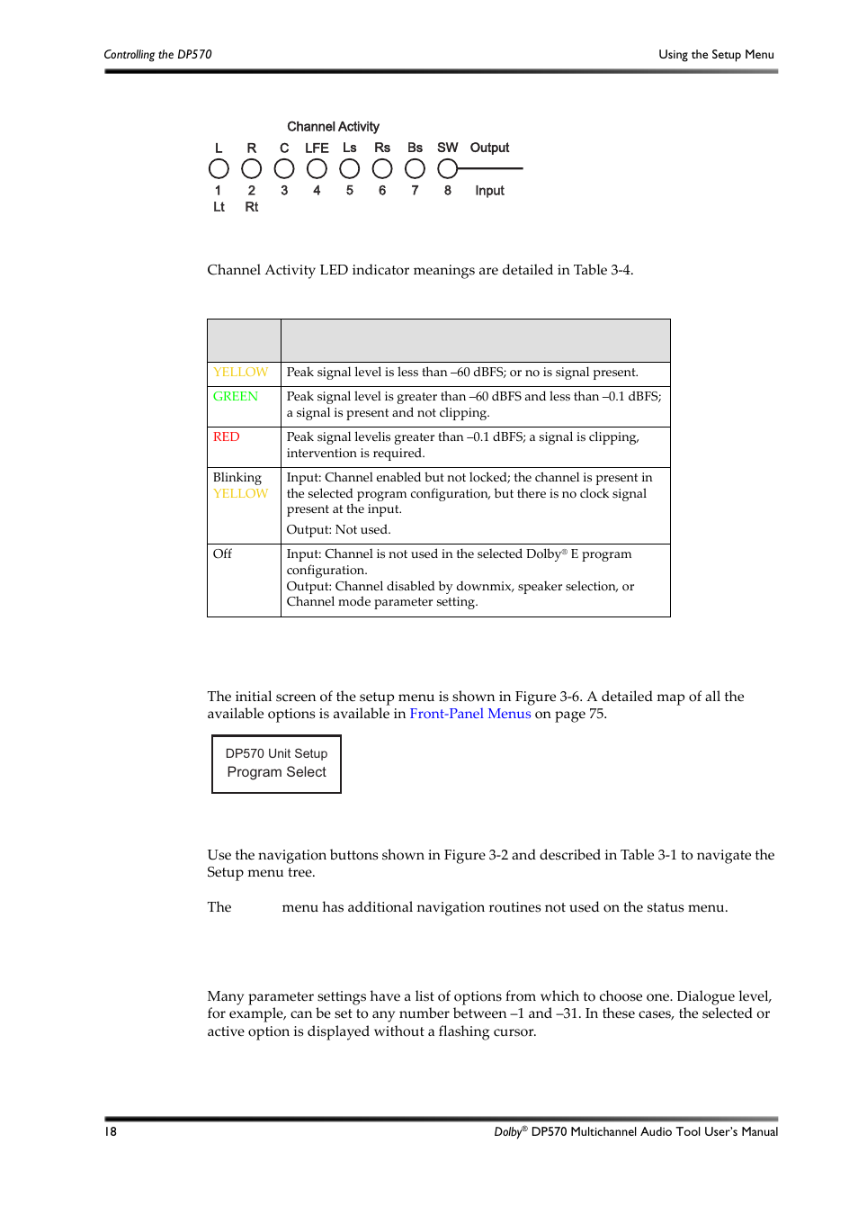 Using the setup menu, Selecting parameters, 5 using the setup menu | 1 selecting parameters, Figure 3-5, Figure 3-6, Table 3-4, Figure 3‐5, Table 3‐4 | Dolby Laboratories DP570 User Manual | Page 30 / 127